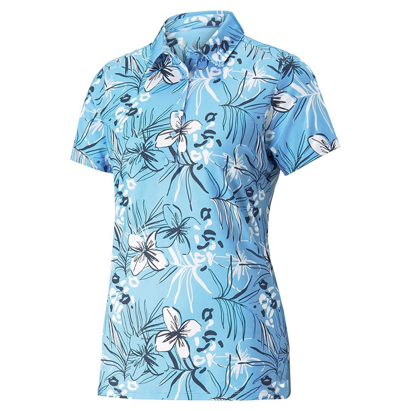 Custom women's golf polo shirt with digital print, made of 95% polyester and 5% spandex, breathable and stretchable