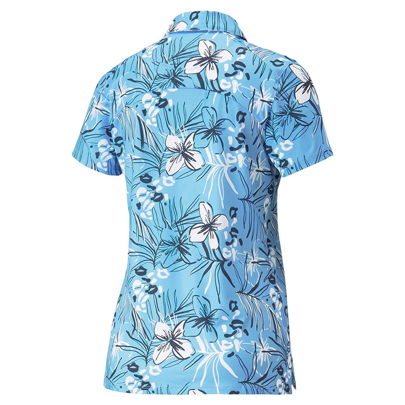 Custom women's golf polo shirt with digital print, made of 95% polyester and 5% spandex, breathable and stretchable