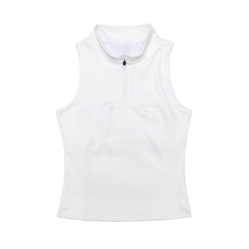 Sleeveless ladies golf polo shirt made of 100% polyester with half-zip front