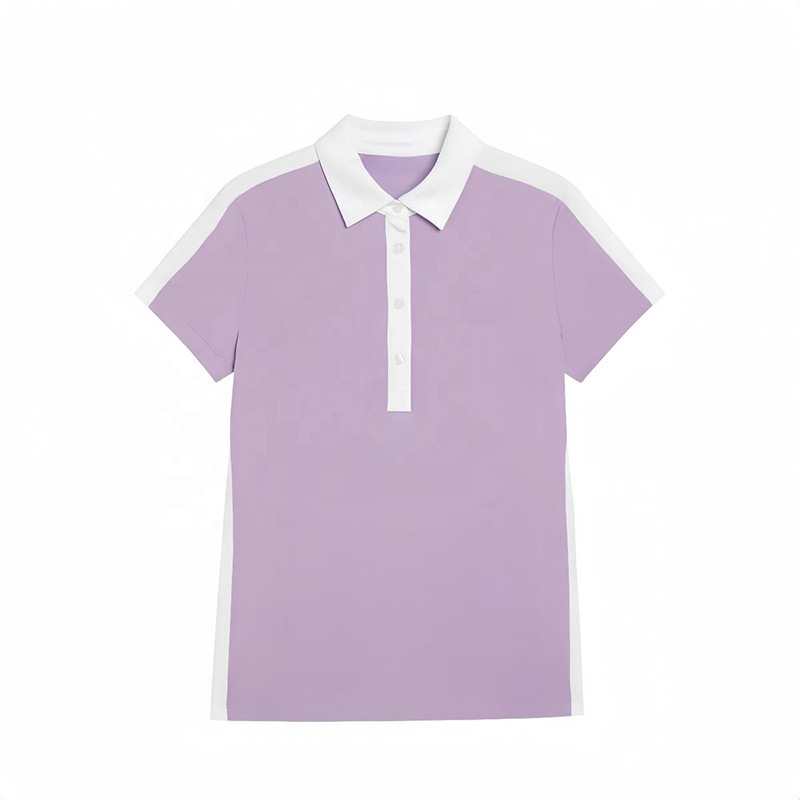 Slim-fit women’s golf shirt in purple and white color block design