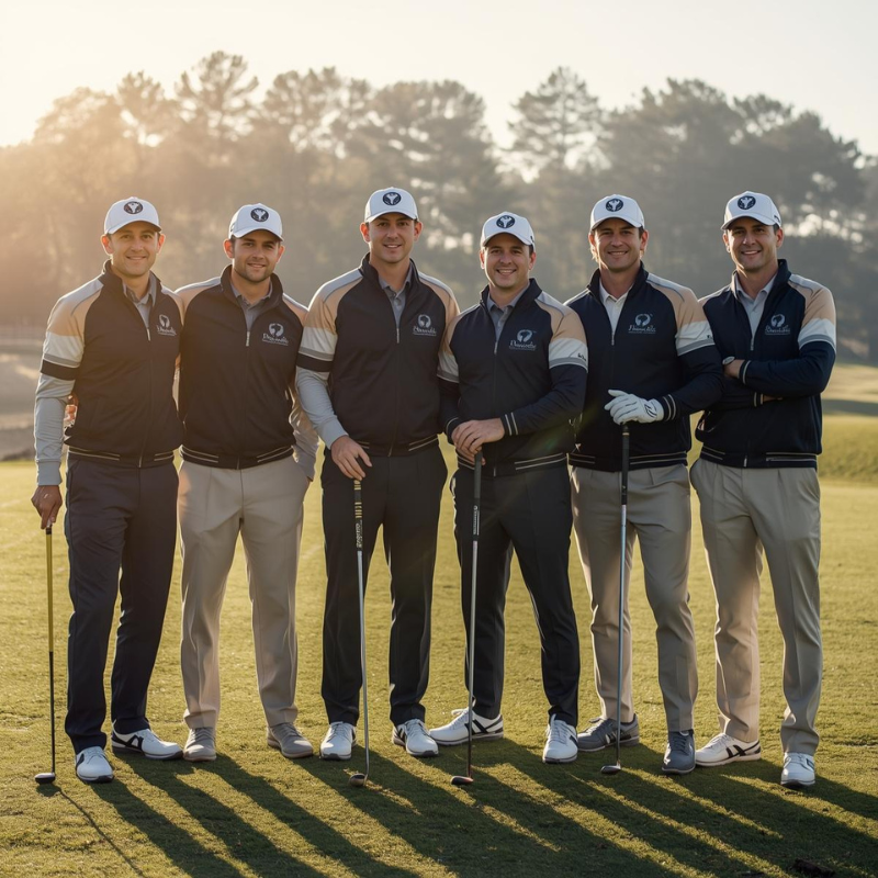 Male golfer wearing premium waterproof golf jacket teeing off in light rain in Australia. Male golfer wearing premium waterproof golf jacket teeing off in light rain in Australia.
