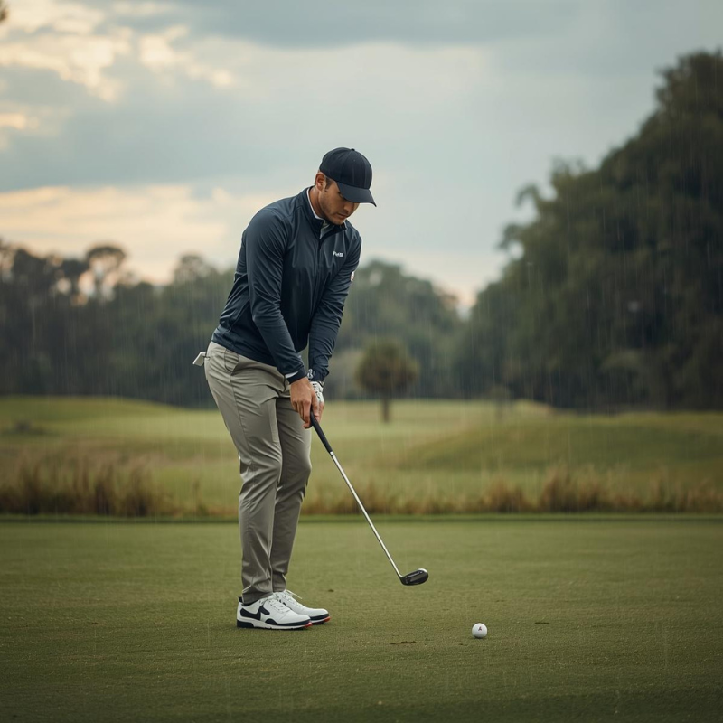 Male golfer wearing premium waterproof golf jacket teeing off in light rain in Australia. Male golfer wearing premium waterproof golf jacket teeing off in light rain in Australia.